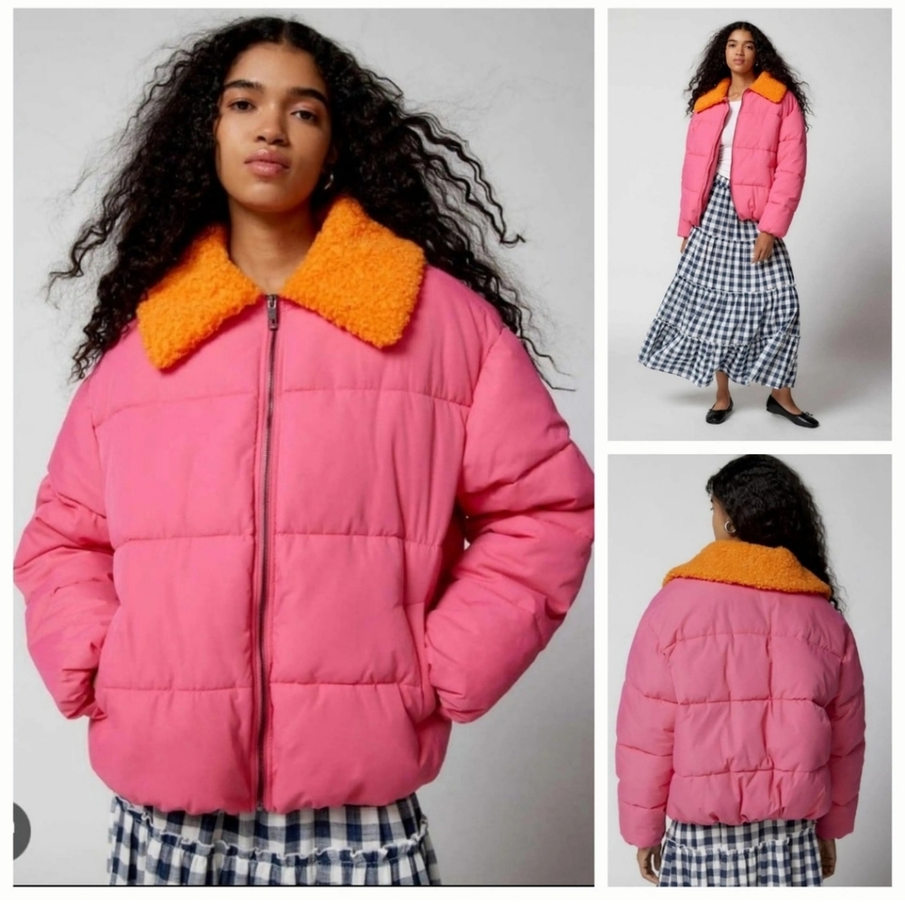 Nwot Urban Outfitters Pockets Puffer Coat Large Pink